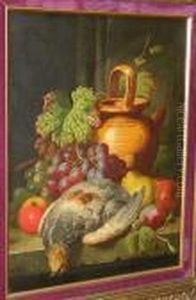 Black And Green Grapes, Apples, 
Pear, Plum, Partridge And Water Jug On Stone Ledge, Signed 'c.t. Bale', 
Oil On Canvas by Charles Thomas Bale