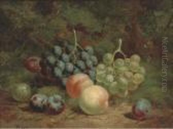 Peaches, Grapes And Plums On A Mossy Bank - view 1
