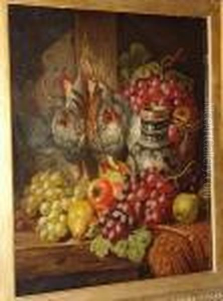 Green And Red Grapes, Pears, 
Apples, A Tankard And A Brace Of Partridge On A Wooden Shelf - view 1