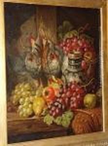 Green And Red Grapes, Pears, 
Apples, A Tankard And A Brace Of Partridge On A Wooden Shelf