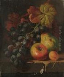 Still Life Of Fruit And Vine Leaves On A Ledge; And A Companion
