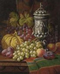 Grapes, Plums, Peaches, A Gourd And An Elaborate Covered Compote Ona Table Top