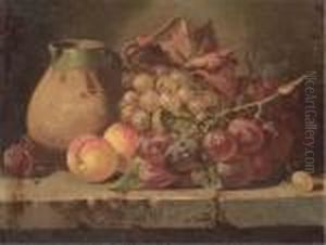 Grapes, Plums, And Peaches With A Jug On A Ledge by Charles Thomas Bale