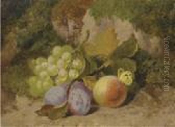 Grapes, Plums, A Peach And A Butterfly, On A Mossy Bank - view 1