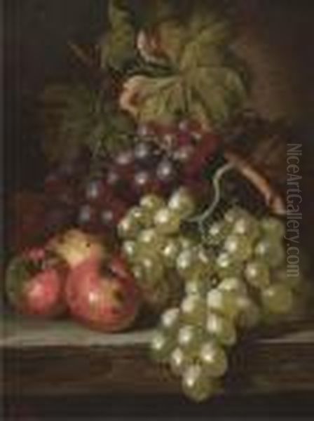 Grapes And Apples On A Wooden 
Ledge; And Grapes, Peaches, A Plum,and A Squash, On A Stone Ledge - view 1