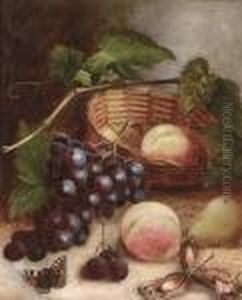Grapes, Peaches, A Pear And Cobb Nuts With A Basket On A Table