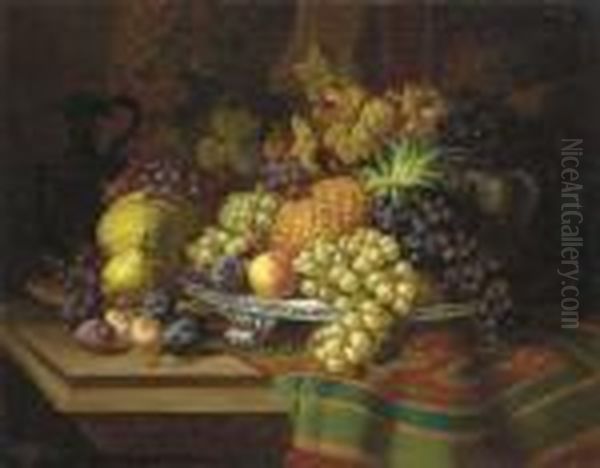 Pineapples, Grapes, Plums And Pears On A Silver Tray With A Jar On A Draped Wooden Ledge - view 1