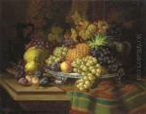 Pineapples, Grapes, Plums And Pears On A Silver Tray With A Jar On A Draped Wooden Ledge by Charles Thomas Bale
