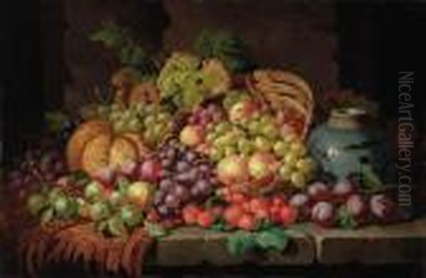 A Basket Of Grapes, Plums, 
Peaches, Strawberries And A Melon With A Jar On A Draped Stone Table - view 1
