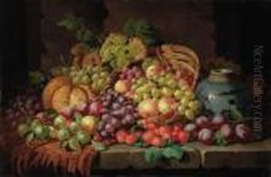 A Basket Of Grapes, Plums, 
Peaches, Strawberries And A Melon With A Jar On A Draped Stone Table