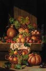 A Flask On A Ledge, With Baskets Of Grapes, Plums, Apples Andsquashes by Charles Thomas Bale