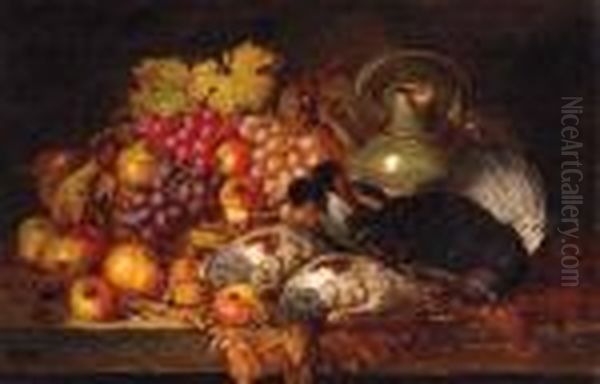 Grapes, Apples, Pears, Dead Game, A Wicker Basket And Stonewarejug, On A Wooden Ledge - view 1
