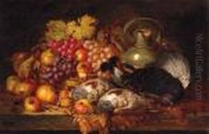 Grapes, Apples, Pears, Dead Game, A Wicker Basket And Stonewarejug, On A Wooden Ledge by Charles Thomas Bale