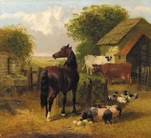 A horse, pigs, ducks and cattle in a farmyard