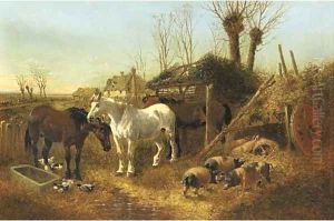 Horses and pigs in a farmyard by John Frederick Herring Snr