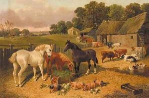Horses, cattle, pigs, and ducks, in a farmyard, a hunt beyond