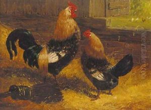 A cockerel and a hen before a barn door by John Frederick Herring Snr