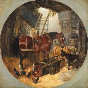 A horse with donkeys and chickens in a barn