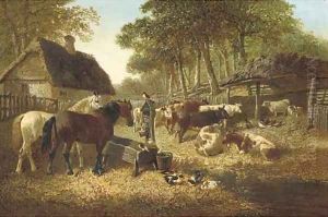 Horses and cattle in a farmyard by John Frederick Herring Snr