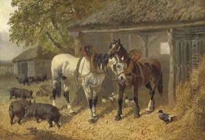 Horses, pigs and ducks in a farmyard
