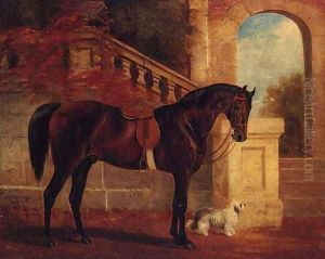Adonis, a dark bay Hunter and Fido, a white Terrier, before a classical Terrace