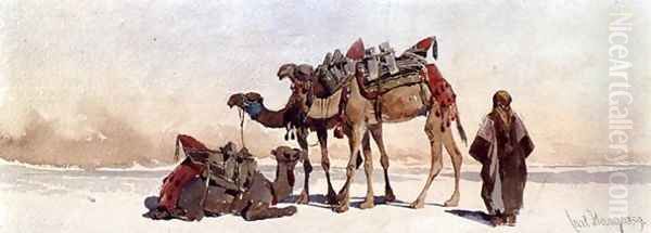 Resting with Three Camels in the Desert - view 1