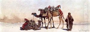 Resting with Three Camels in the Desert by Carl Haag