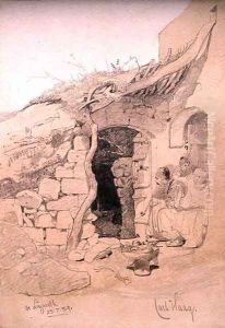 Three figures seated outside a house Nazareth Three figures seated outside a house Nazareth