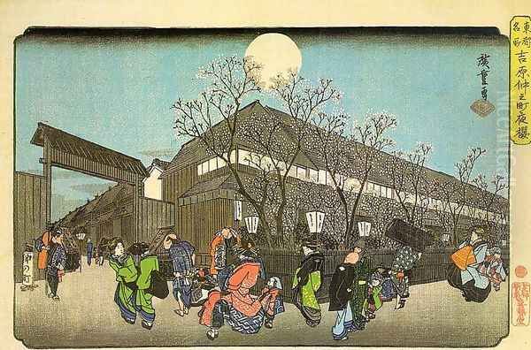 Famous Sights in the Eastern Capital- Cherry Blossom in the Evening on the Nakanomachi in Yoshiwara, - view 1