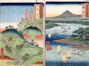 A landscape and seascape two views from the series 60 Odd Famous Views of the Provinces