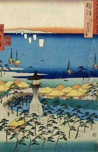 The Shore at Sumiyoshi showing the Village and Lighthouse Settsu Province from Famous Places of the Sixty Provinces
