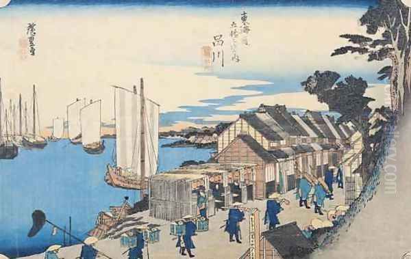Shinagawa departure of a Daimyo in later editions called Sunrise No 2 from the series 53 Stations of the Tokaido 2 - view 1