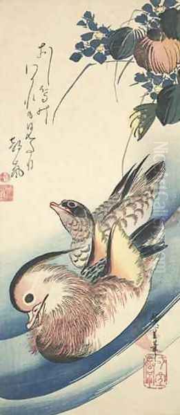Mandarin Ducks and Waterplant Edo period - view 1