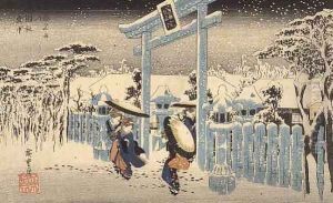 Gion Temple in the Snow from the Kioto Meisho series by Utagawa or Ando Hiroshige