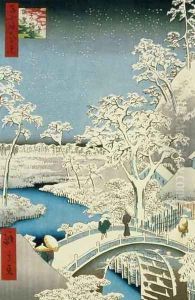 Drum bridge and Setting Sun Hill at Meguro from the series 100 Views of Edo
