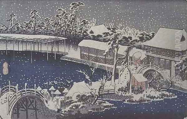 Snow at night a scene depicting a house river and ornamental garden under falling snow from the series 53 Stations of the Tokaido - view 1