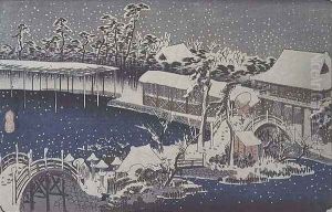 Snow at night a scene depicting a house river and ornamental garden under falling snow from the series 53 Stations of the Tokaido by Utagawa or Ando Hiroshige