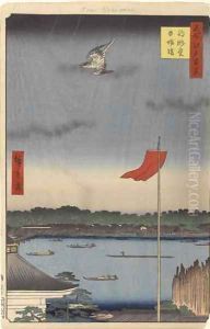 Komokata Hall and Azuma Bridge No62 from One Hundred Famous Views of Edo by Utagawa or Ando Hiroshige