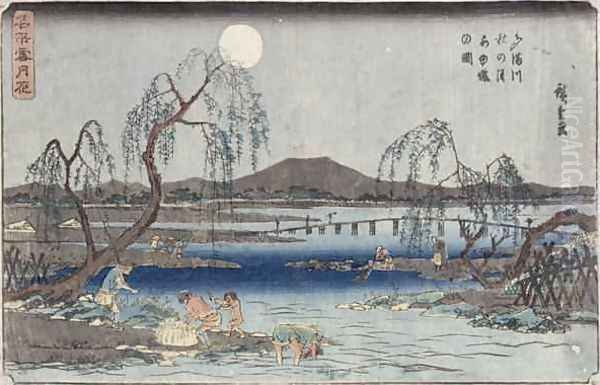 Catching Fish by Moonlight on the Tama River from a series Snow Moon and Flowers - view 1