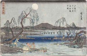 Catching Fish by Moonlight on the Tama River from a series Snow Moon and Flowers by Utagawa or Ando Hiroshige