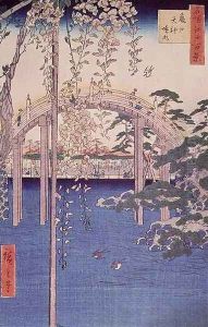 Footbridge over river with wisteria in foreground in full bloom