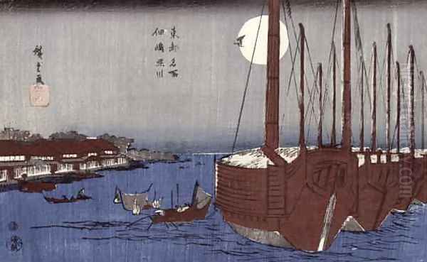 Tsukudajima island and the Fukagawa district under the full moon from the series Toto Meisho - view 1