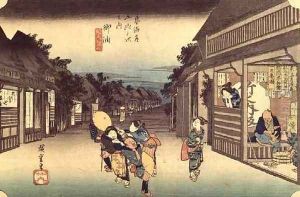 Waitresses soliciting travellers Goyu from the series 53 Stations of the Tokaido by Utagawa or Ando Hiroshige