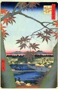 Maple Trees at Mam Tekona Shrine and Linked Bridge by Utagawa or Ando Hiroshige