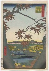 Maple Trees at Mama Tekona Shrine and Linked Bridge Edo period by Utagawa or Ando Hiroshige