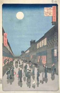Night Scene in Saruwaka Street from One Hundred Views of Edo by Utagawa or Ando Hiroshige