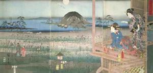 The Lady Fujitsubo watching Prince Genji departing in the moonlight by Utagawa or Ando Hiroshige