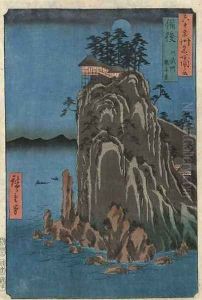 House on a cliff at night by Utagawa or Ando Hiroshige