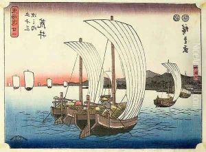 Sailing boats at Arai from the series 53 Stations of the Tokaido by Utagawa or Ando Hiroshige
