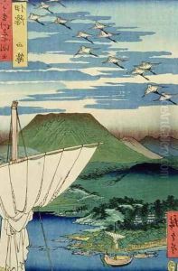Boats village and castle at Ueno Iyo Province from Famous Places of the Sixty Provinces by Utagawa or Ando Hiroshige
